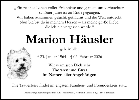 Traueranzeige von Marion Häusler von Peiner Allgemeine Zeitung