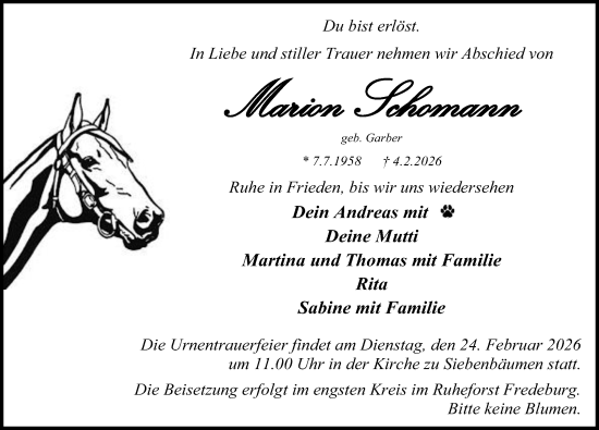 Traueranzeige von Marion Schomann von Lübecker Nachrichten
