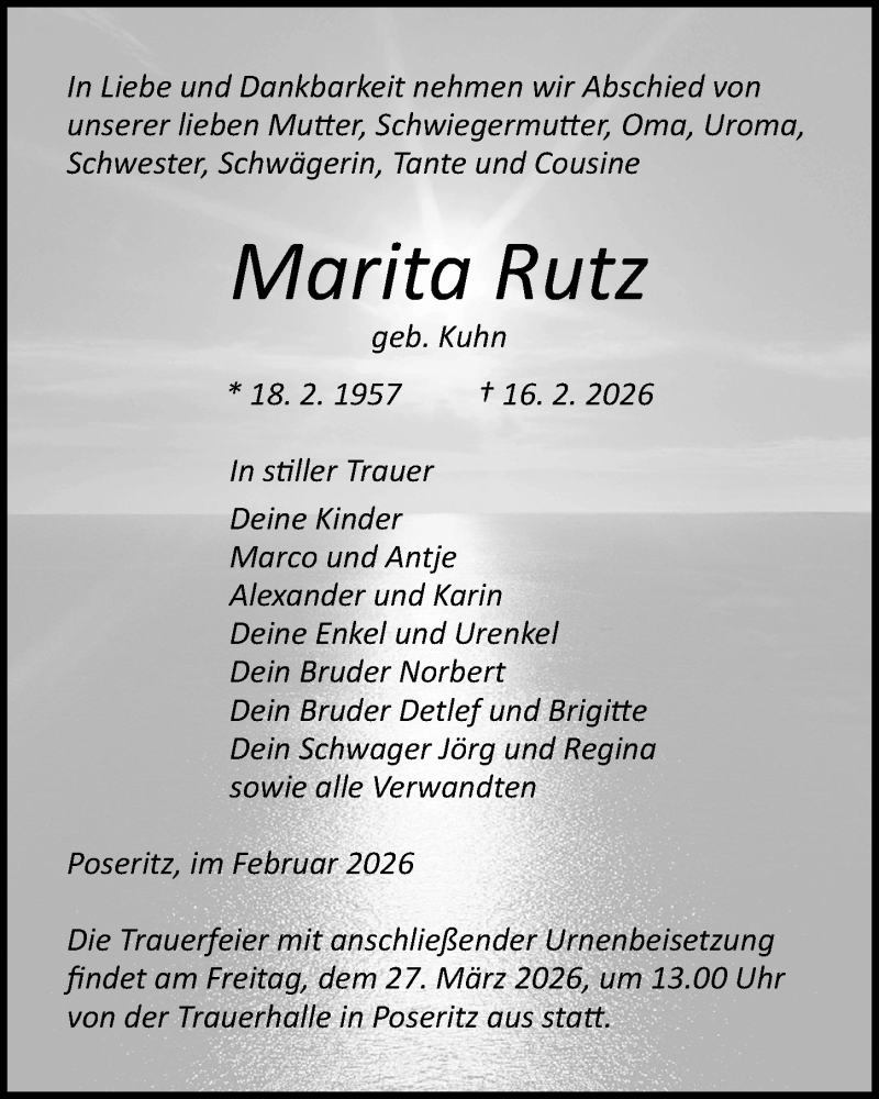  Traueranzeige für Marita Rutz vom 21.02.2026 aus Ostsee-Zeitung GmbH
