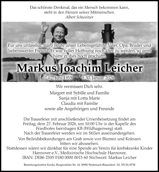 Traueranzeige von Markus Joachim Leicher von Hannoversche Allgemeine Zeitung/Neue Presse