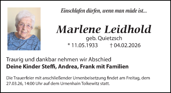 Traueranzeige von Marlene Leidhold von Sächsische Zeitung