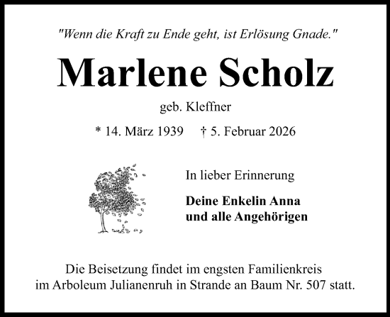 Traueranzeige von Marlene Scholz von Kieler Nachrichten