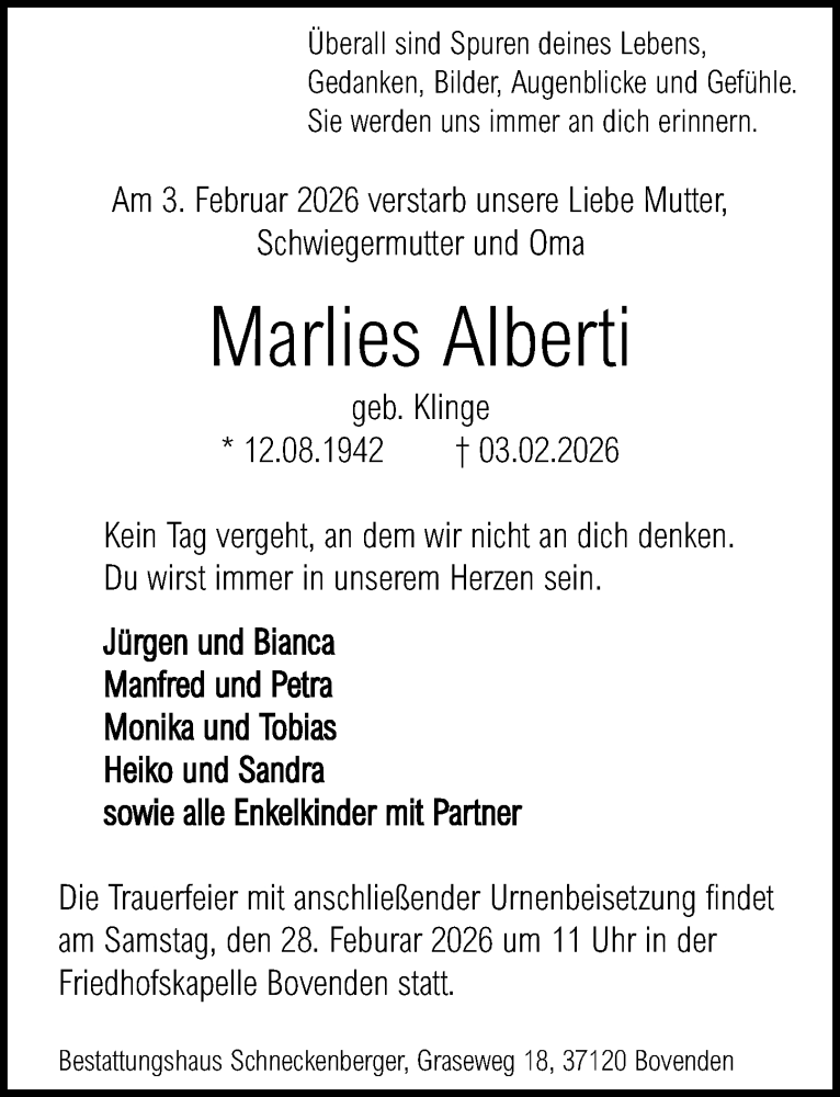  Traueranzeige für Marlies Alberti vom 14.02.2026 aus Göttinger Tageblatt