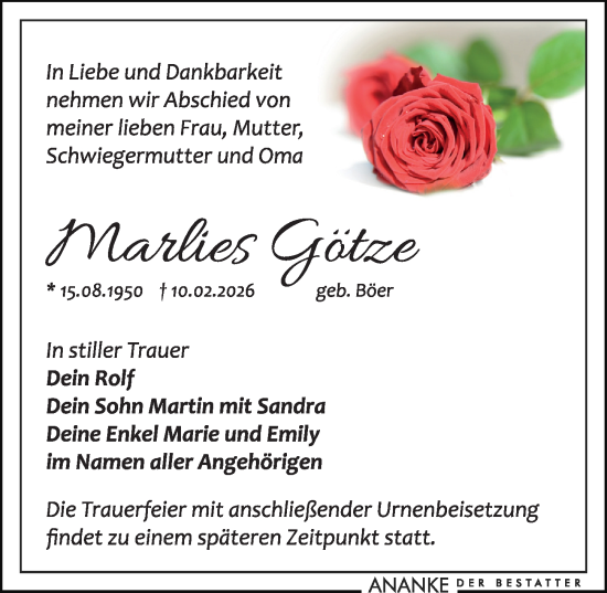 Traueranzeige von Marlies Götze von Leipziger Volkszeitung