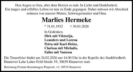Traueranzeige von Marlies Hermeke von Hannoversche Allgemeine Zeitung/Neue Presse