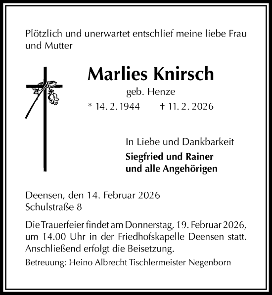 Traueranzeige von Marlies Knirsch von Täglicher Anzeiger Holzminden