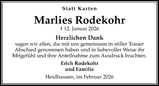 Traueranzeige von Marlies Rodekohr von Die Harke