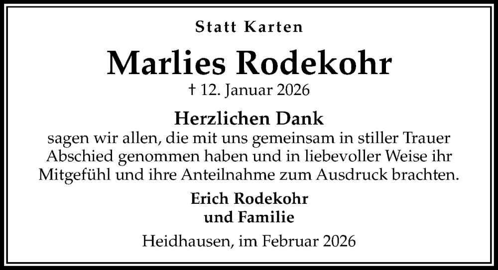  Traueranzeige für Marlies Rodekohr vom 21.02.2026 aus Die Harke