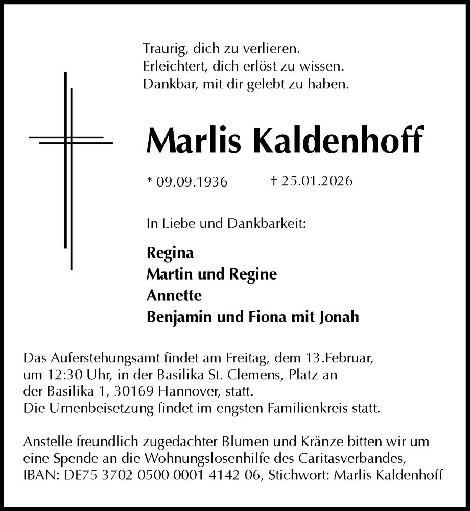  Traueranzeige für Marlis Kaldenhoff vom 07.02.2026 aus Hannoversche Allgemeine Zeitung/Neue Presse