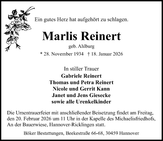Traueranzeige von Marlis Reinert von Hannoversche Allgemeine Zeitung/Neue Presse