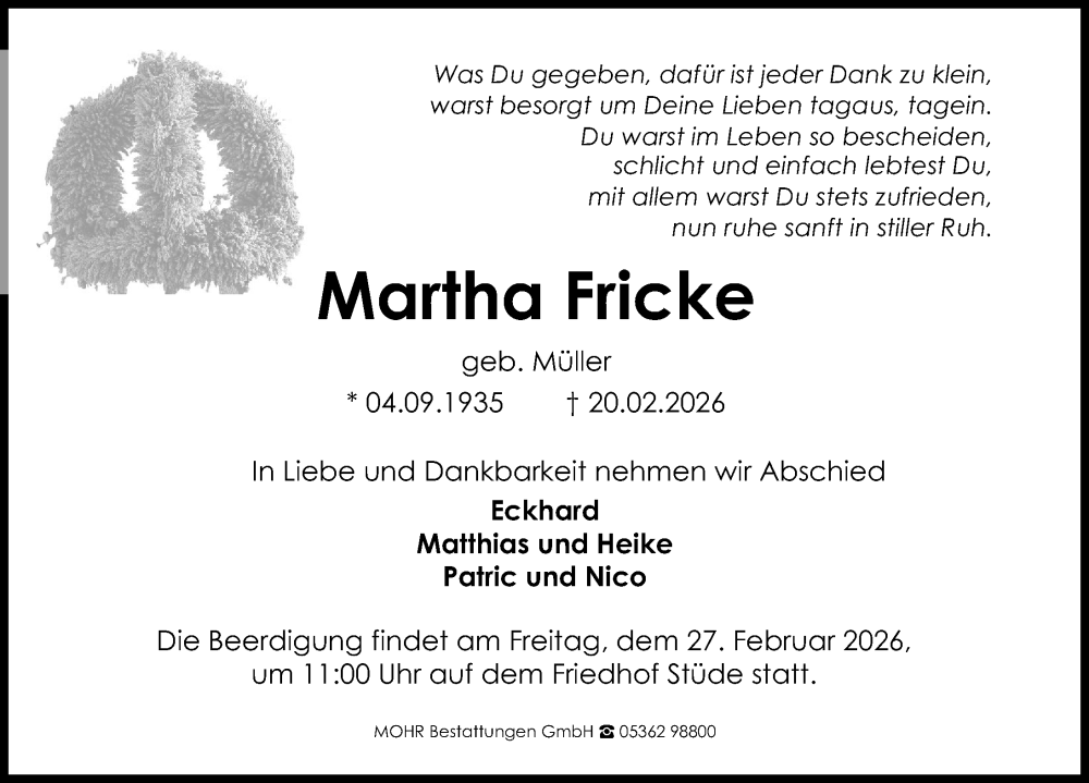  Traueranzeige für Martha Fricke vom 25.02.2026 aus Aller Zeitung