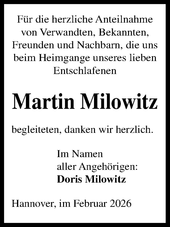 Traueranzeige von Martin Milowitz von Hannoversche Allgemeine Zeitung/Neue Presse