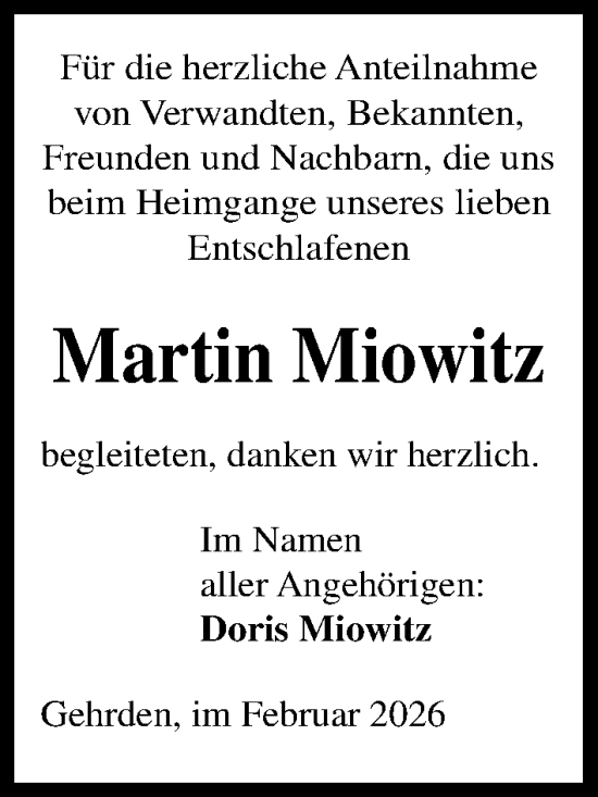Traueranzeige von Martin Miowitz von Hannoversche Allgemeine Zeitung/Neue Presse