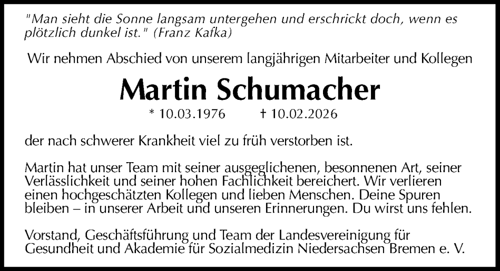  Traueranzeige für Martin Schumacher vom 18.02.2026 aus Hannoversche Allgemeine Zeitung/Neue Presse
