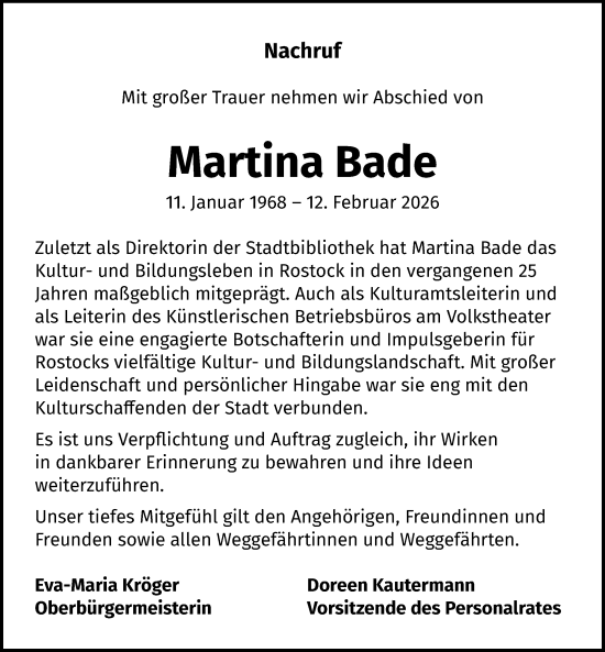 Traueranzeige von Martina Bade von Ostsee-Zeitung GmbH