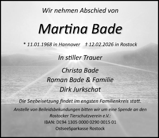 Traueranzeige von Martina Bade von Ostsee-Zeitung GmbH