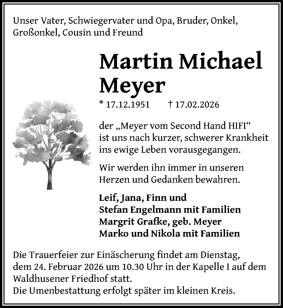  Traueranzeige für Martin Michael Meyer vom 22.02.2026 aus Lübecker Nachrichten