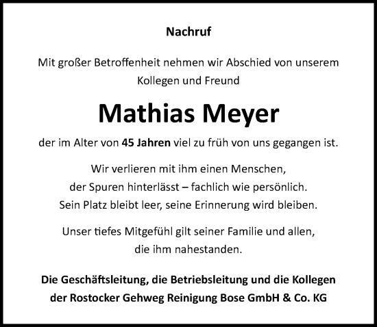 Traueranzeige von Mathias Meyer von Ostsee-Zeitung GmbH