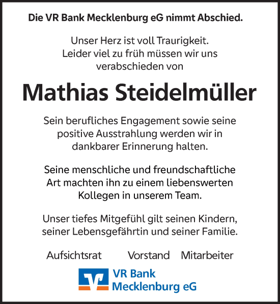 Traueranzeige von Mathias Steidelmüller von Ostsee-Zeitung GmbH