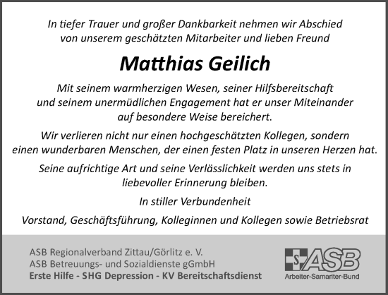 Traueranzeige von Matthias Geilich von Sächsische Zeitung