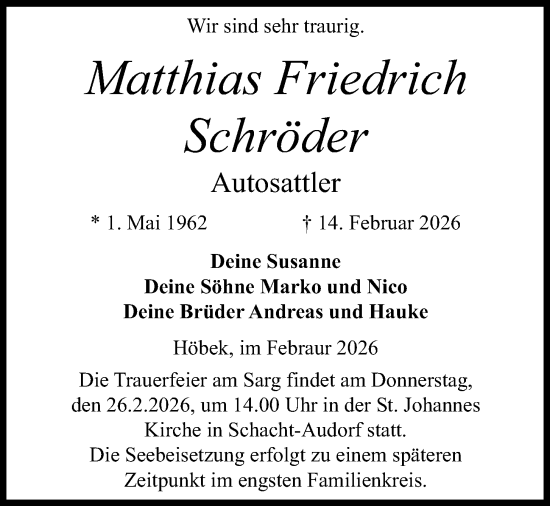 Traueranzeige von Matthias Friedrich Schröder von Kieler Nachrichten