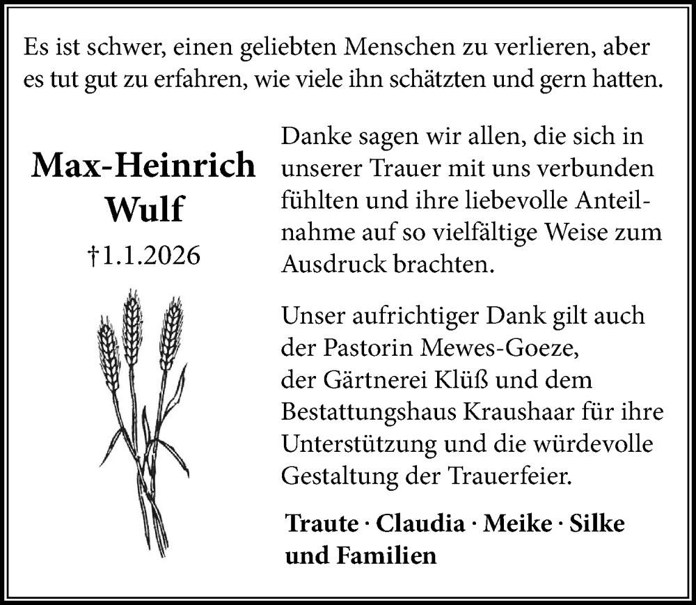  Traueranzeige für Max-Heinrich Wulf vom 14.02.2026 aus Lübecker Nachrichten
