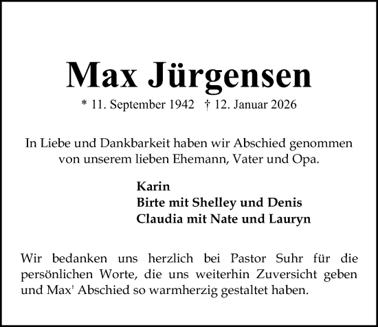 Traueranzeige von Max Jürgensen von Kieler Nachrichten