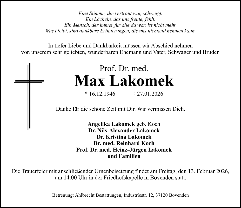  Traueranzeige für Max Lakomek vom 07.02.2026 aus Göttinger Tageblatt
