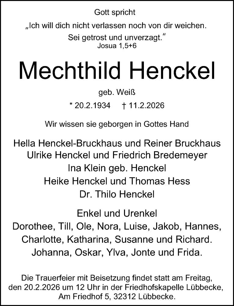  Traueranzeige für Mechthild Henckel vom 14.02.2026 aus Schaumburger Nachrichten