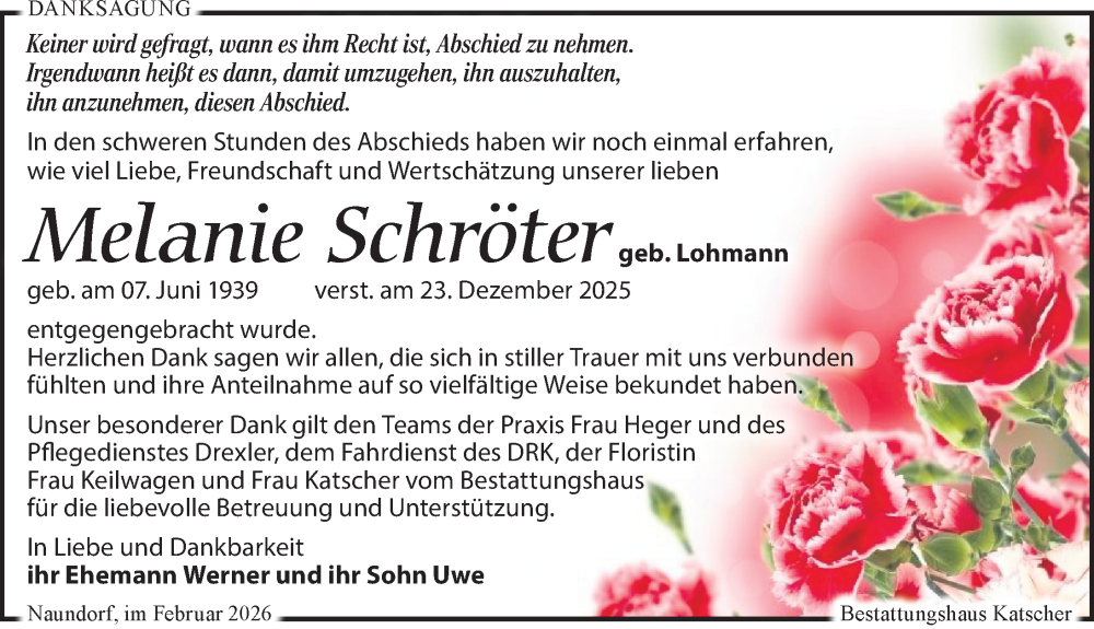  Traueranzeige für Melanie Schröter vom 14.02.2026 aus Leipziger Volkszeitung