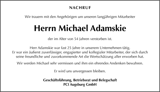 Traueranzeige von Michael Adamskie von Hannoversche Allgemeine Zeitung/Neue Presse