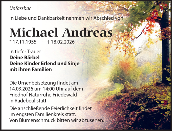 Traueranzeige von Michael Andreas von Sächsische Zeitung