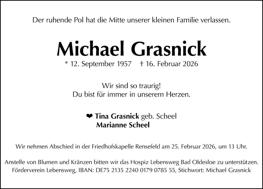  Traueranzeige für Michael Grasnick vom 22.02.2026 aus Lübecker Nachrichten
