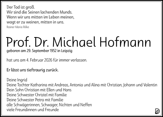 Traueranzeige von Michael Hofmann von Leipziger Volkszeitung