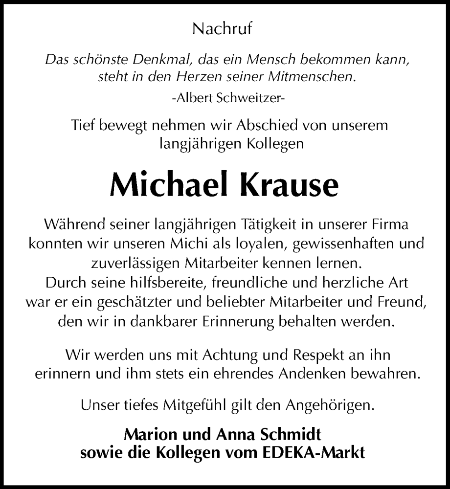  Traueranzeige für Michael Krause vom 07.02.2026 aus Wochenspiegel