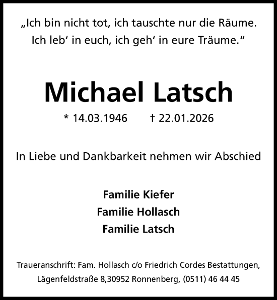 Traueranzeige von Michael Latsch von Hannoversche Allgemeine Zeitung/Neue Presse