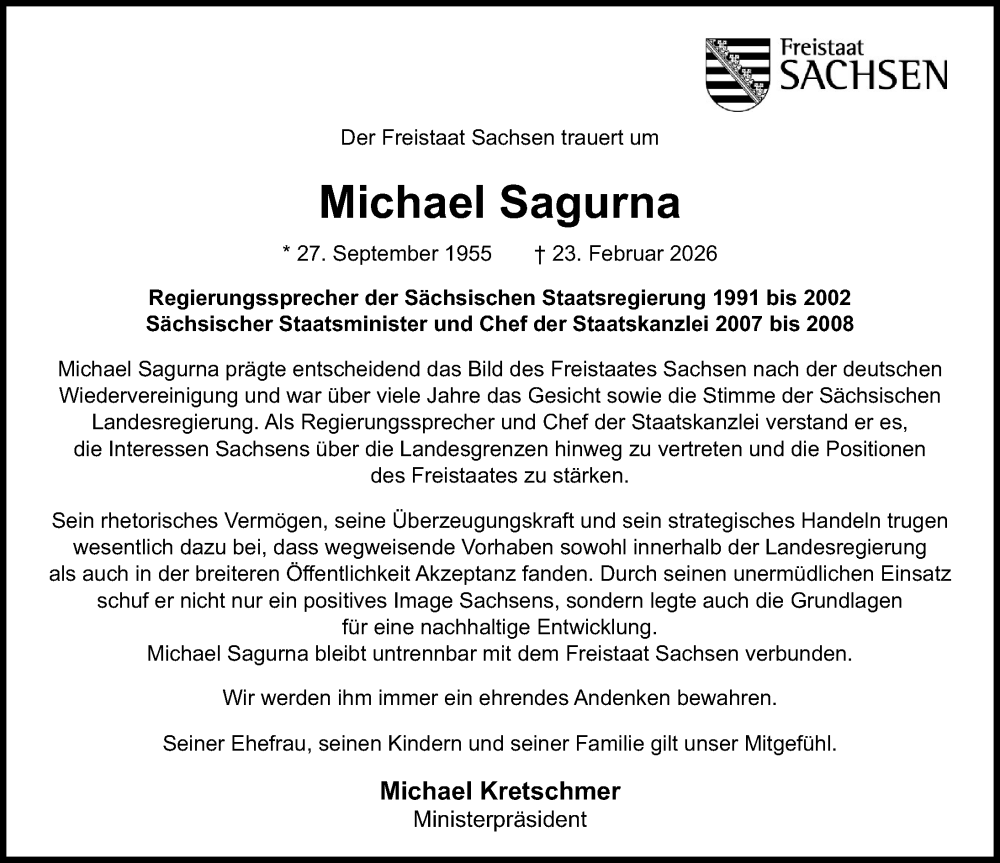  Traueranzeige für Michael Sagurna vom 28.02.2026 aus Leipziger Volkszeitung
