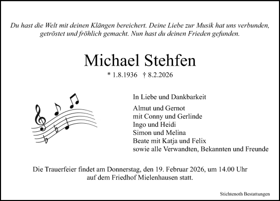 Traueranzeige von Michael Stehfen von Göttinger Tageblatt