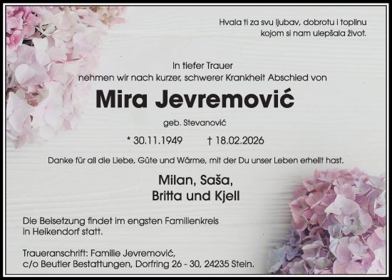 Traueranzeige von Mira Jevremovic von Kieler Nachrichten