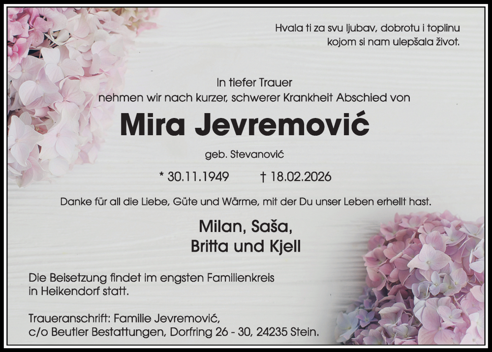  Traueranzeige für Mira Jevremovic vom 28.02.2026 aus Kieler Nachrichten