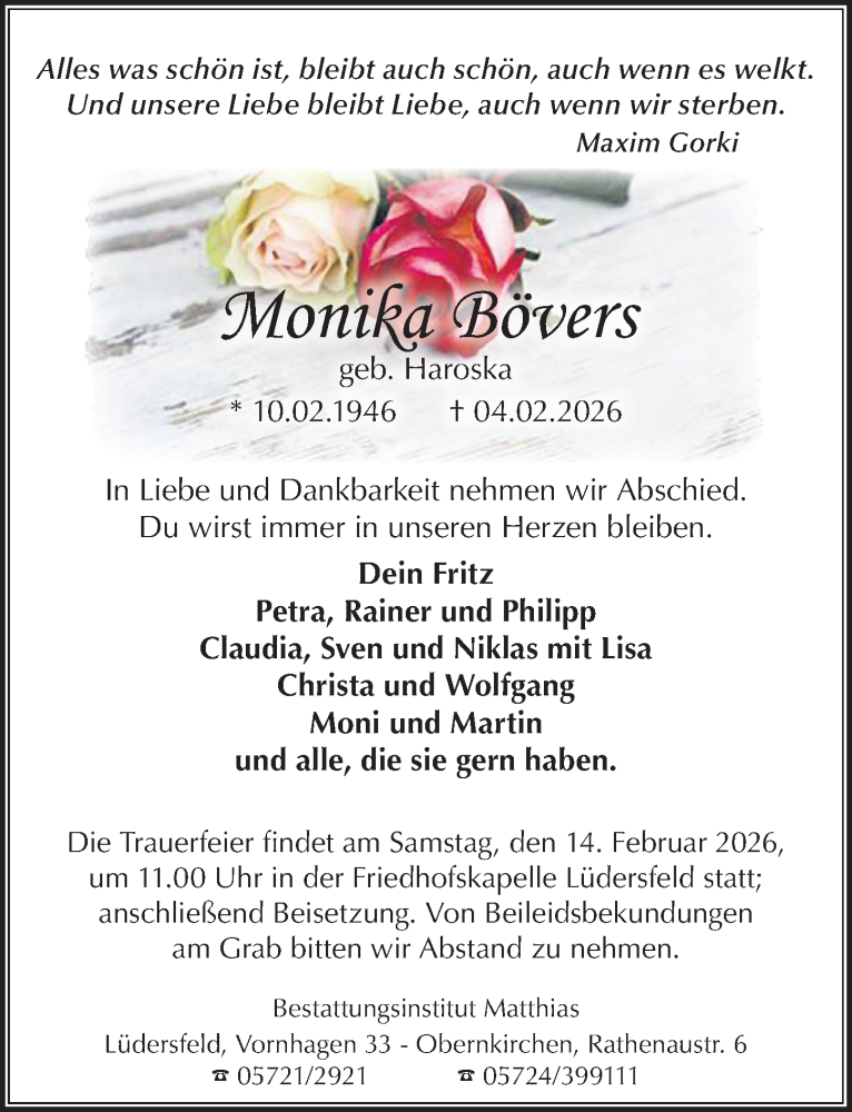  Traueranzeige für Monika Bövers vom 11.02.2026 aus Schaumburger Nachrichten