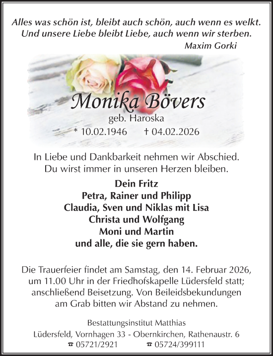 Traueranzeige von Monika Bövers von Schaumburger Nachrichten