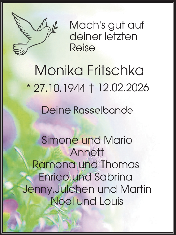  Traueranzeige für Monika Fritschka vom 21.02.2026 aus Ostsee-Zeitung GmbH