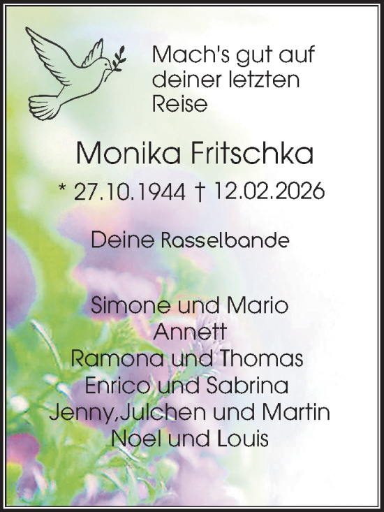 Traueranzeige von Monika Fritschka von Ostsee-Zeitung GmbH