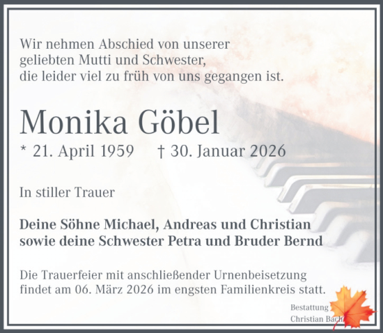 Traueranzeige von Monika Göbel von Leipziger Volkszeitung