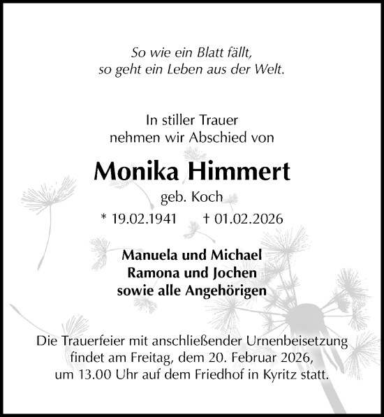 Traueranzeige von Monika Himmert von Wochenspiegel