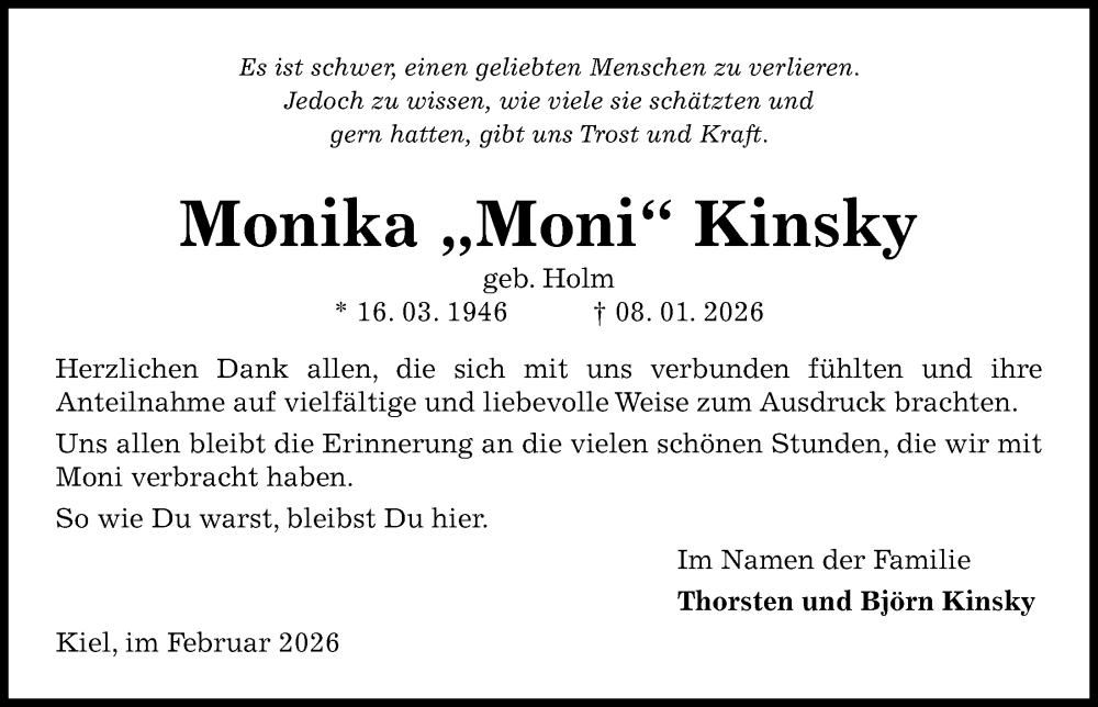  Traueranzeige für Monika Kinsky vom 21.02.2026 aus Kieler Nachrichten