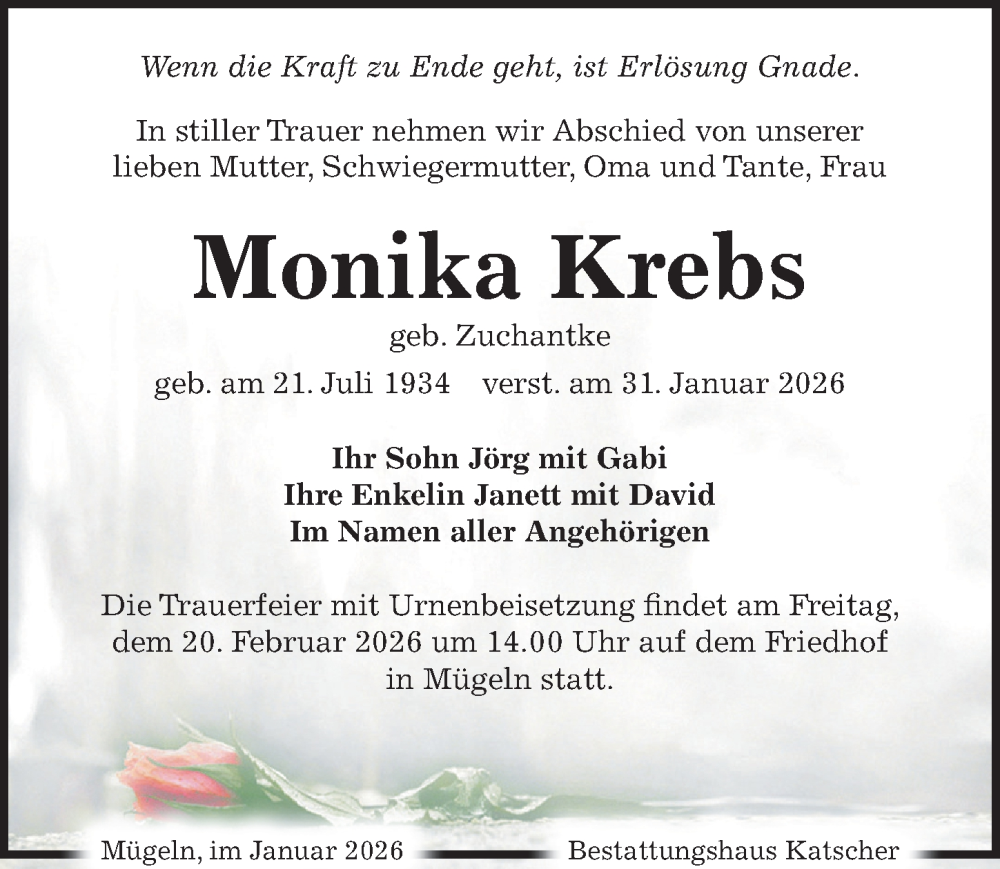 Traueranzeige für Monika Krebs vom 07.02.2026 aus Leipziger Volkszeitung