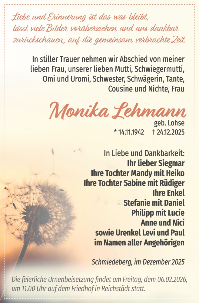  Traueranzeige für Monika Lehmann vom 24.01.2026 aus Sächsische Zeitung