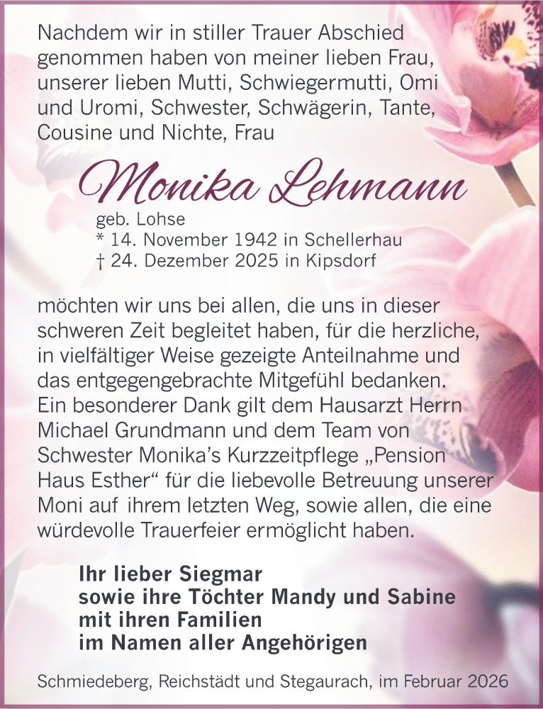 Traueranzeige für Monika Lehmann vom 21.02.2026 aus Sächsische Zeitung